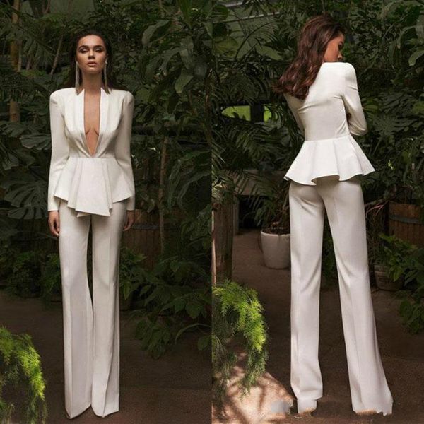 Chic Women Suits Evening Dresses Sexy Deep V Neck Long Sleeve Pant Suit Prom Gowns Party Wear227r