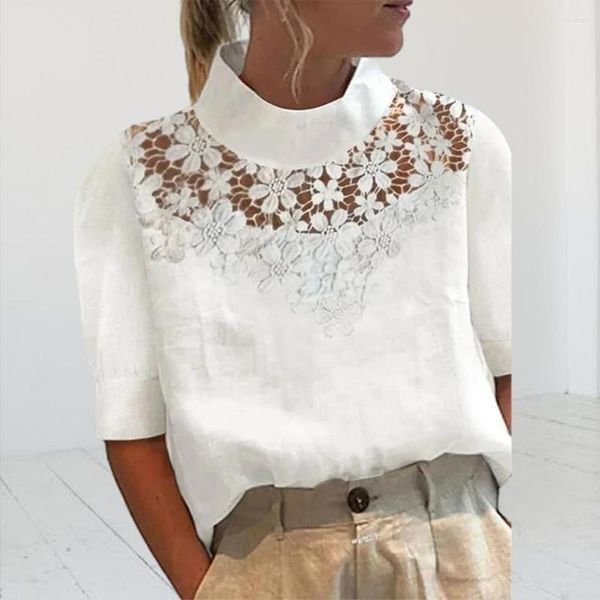 Women&#039;s Blouses Women Summer Top Soft Chic Lace Flower Decor Stylish Short Sleeves Solid Color Loose Fit Half-high