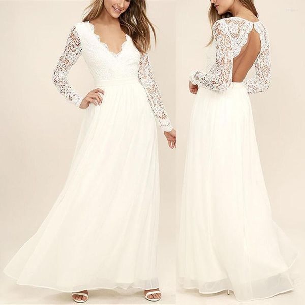 Casual Dresses Formal Occasion For Women White Prom Party Dress Lace V-Neck Long Sleeve Chiffon Elegant Maxi Bridesmaid