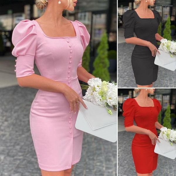 Casual Dresses Women Spring Elegant Square Collar Office Dress 2023 Summer Puff Shoulder Buttoned Mini Lady Solid Slim Bodycon Sexy