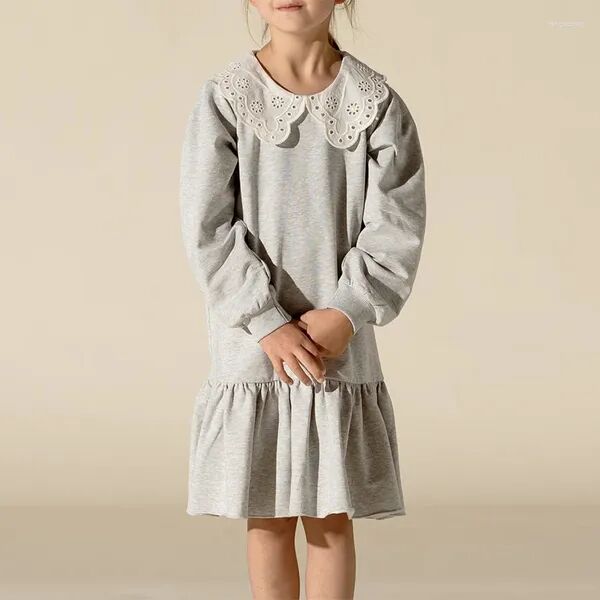 Girl Dresses Girl&#039;s Lace Lapel Cotton Sweater Dress 2023 Autumn College Style Cute Ruffled Hem Pleated Children&#039;s Long Sleeved