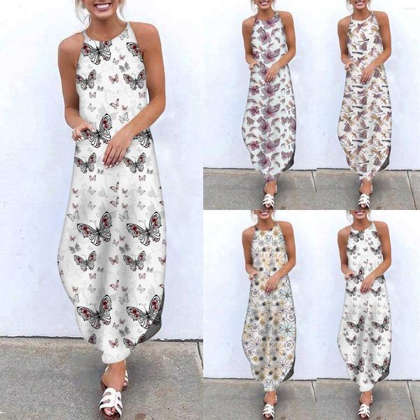 Casual Dresses Women Plus Size Summer Boho Dress Butterfly Print Sleeveless Long Maxi Robe Cotton Linen 2023 Vestido S-5XL