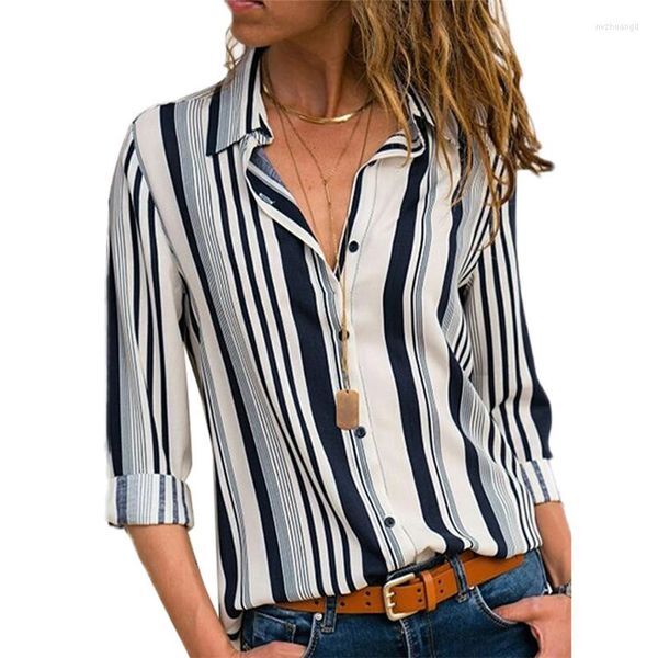 Women&#039;s Blouses Summer Striped Print Slim Womens Tops Fashion Office Ladies Turn Down Collar Button Long Sleeve Shirts Casual Plus Size