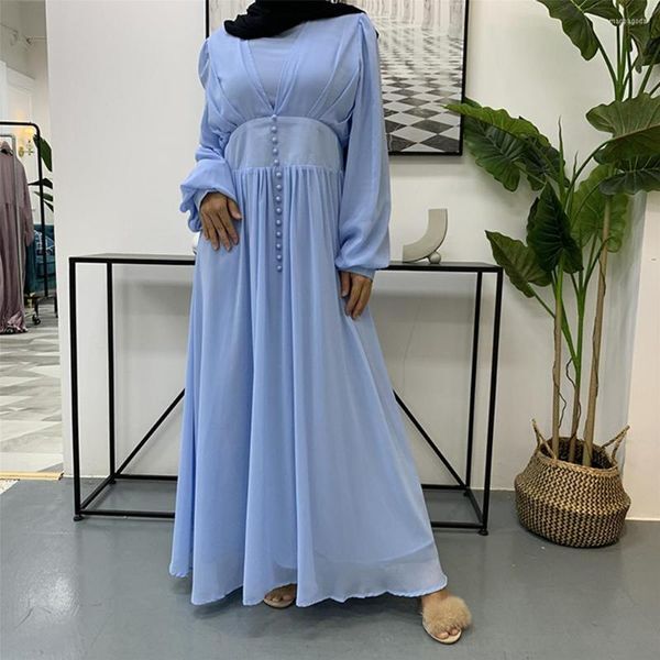 Ethnic Clothing Chiffon Maxi Dresses Pleated Layered Bust Long Sleeve Swing Dress Non Transparent Islam Muslim Women Arabic Turkey Abaya