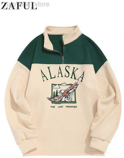 Men&#039;s Hoodies Sweatshirts ZAFUL Fleece Hoodie for Men ALASKA Graphic Eagle Printed Sweatshirt Colorblock Vintage Streetwear Pullover Sweats Unisex Style