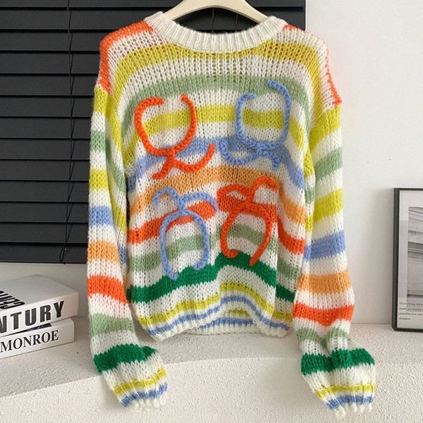 Women&#039;s Sweaters Long Sleev Mohair Vintage Sweater Woman Winter 2023 Crewneck Wool Rainbow Stripe Knit Pullover Design Clothing 240V#