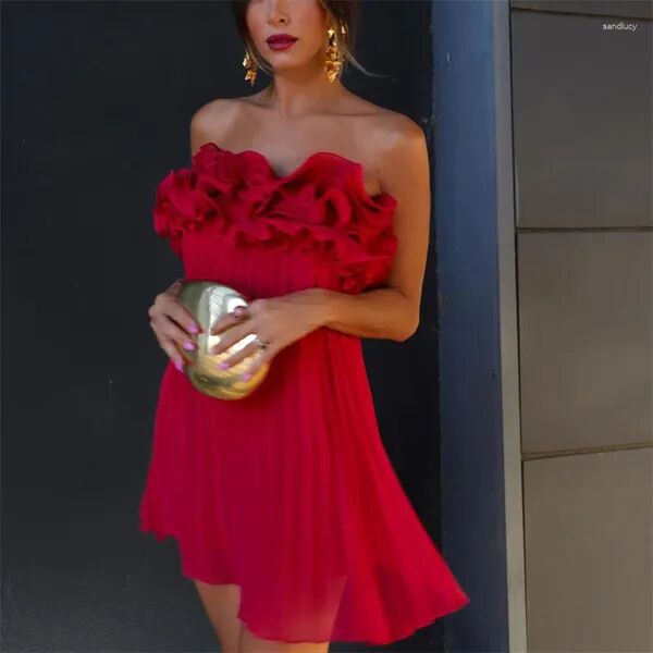 Casual Dresses Woman Elegant Red Slim Strapless Mini Dress 2023 Summer Female Fashion Ruffles Party Short High Waisted Pleated