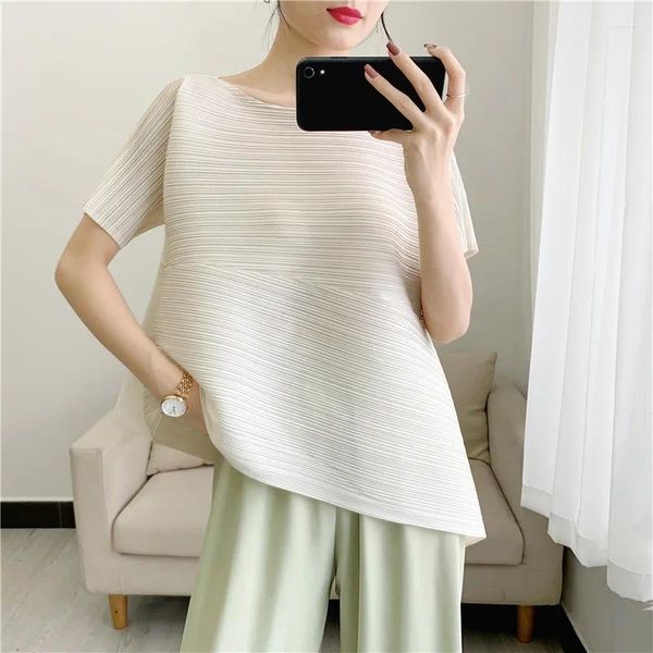 Women&#039;s T Shirts YUDX Miyake Pleated T-shirt Ladies Clothes Short Sleeve Round Neck Irregular Loose Top Summer Women Solid Color Large