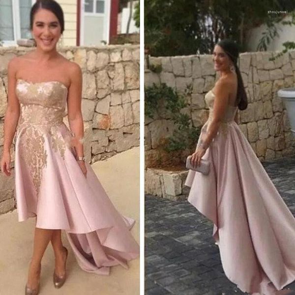 Party Dresses 2023 Pink High Low Prom Strapless With Gold Appliques Wear Sweep Train Short Cocktail Formal Gown