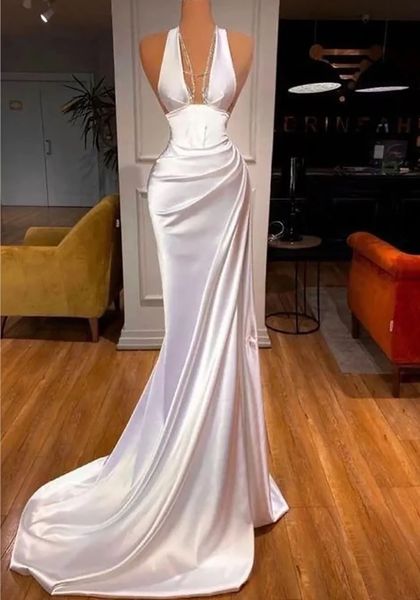 Prom Dresses White Party Ivory Evening Gown Formal Mermaid Satin Zipper Lace Up New Custom Sleeveless Halter Beaded