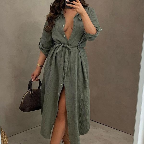 Dress Women Summer 2023 New Loose Casual Button Pockets MidCalf Dress Fashion Black Sexy Shirt Dress Aline Midi Dress Clothing Women