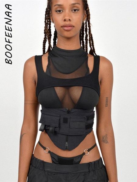 Tops BOOFEENAA Street Fashion Sexy Black Cropped Tank Top See Through Mesh Patchwork Techwear Sleeveless Tshirts for Women C87EZ25