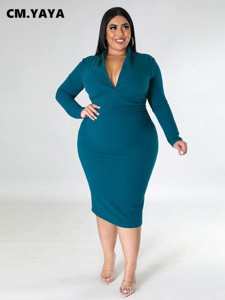 Tops CM.YAYA Plus Size Women Vneck Long Sleeve Bodycon Midi Bandage Dress 2022 Autumn Winter Curve Knee Length Dresses Vestidos