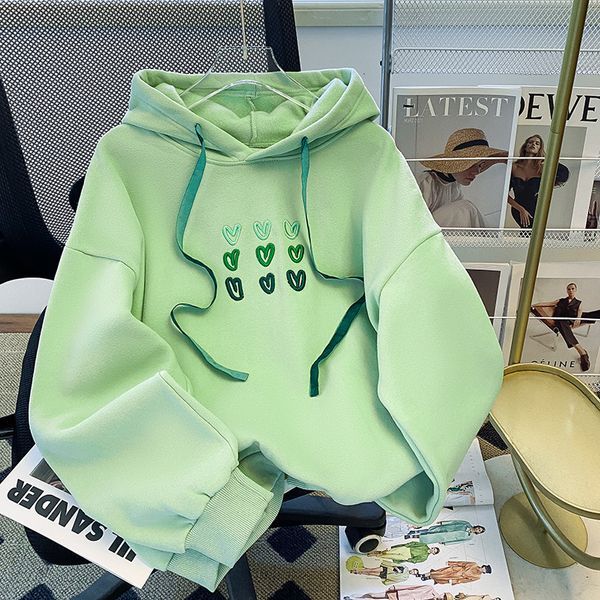 Womens Hoodies Sweatshirts Autumn Winter Women Hoodies Loose Oversized Sweatshirts Heart Embroidery Hooded Pullovers Green Drawstring Casual 230207