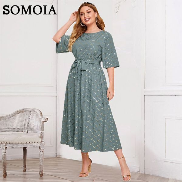 Plus size Dresses SOMOIA Plus Size Women&#039;s Summer Blue Round Neck Bronzing Formal Dress Wedding Dinner Party Dresses Wholesale Drop 230209