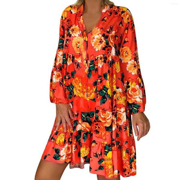Casual Dresses Women Plus Size Ruffle Swing Elegantes Half Sleeve V-neck Floral Print Dress Autumn Fall Oversized Vestidos Wholesale