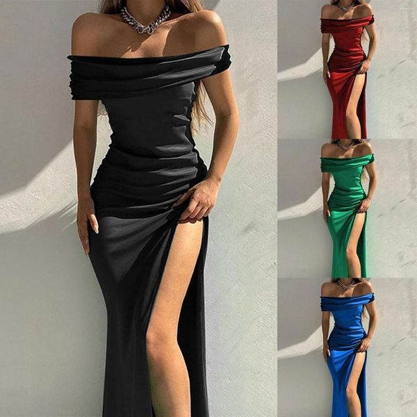 Casual Dresses Fashion Solid Color Short Sleeve One Neck High Slit Sexy Formal Dress Women Evening