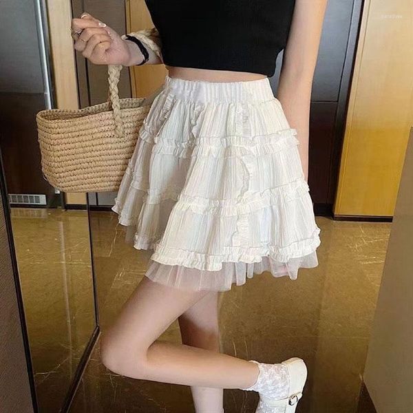 Skirts Harajuku Tulle Patchwork Puffy Skirt Women College Style Elastic Waist White Mini Woman 2023 Summer Cute Folds Cake