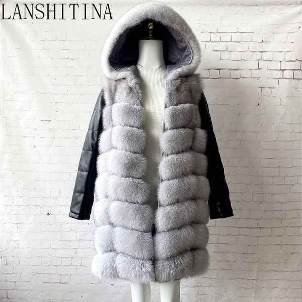 Fur 2021 New Style Woman Fox Fur Coat Removable Sleeves and Hood Genuine Leather Coat Natural Fox Fur Vest 100% Real Fur Jacket