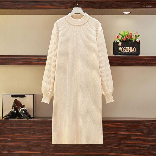 Casual Dresses 3XL Size Women Elegant Solid Kintting Dress Autumn Winter O Neck Lantern Sleeve Loose A Line Sweater Vestido