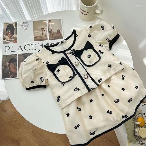 Clothing Sets 2023 Summer Fashion Girl Baby Sweet Bow Shirt Suit Children Flower Print Puff Sleeve Tops Skirt 2 Pcs Kid Cotton Blouses Set