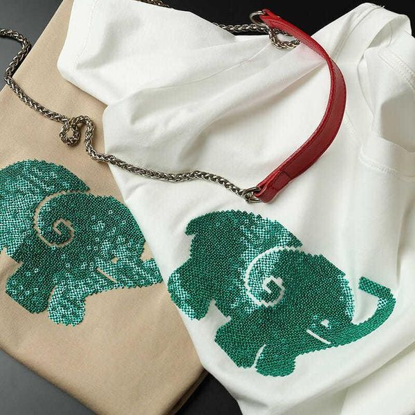 Women&#039;s T Shirts Sequin Embroidery Tide Cute Green Baby Elephant Three-dimensional White Shirt Female Spring And Summer