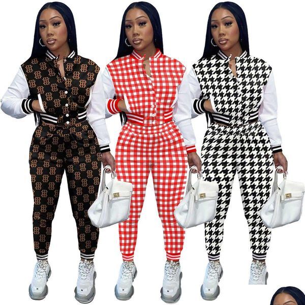 Women&#039;S Tracksuits Women Sport Suits Stylish Long Fashion Casual Set Printed Panel Sleeve Baseball Jacket Two Piece Drop Delivery Ap Dhc5Z