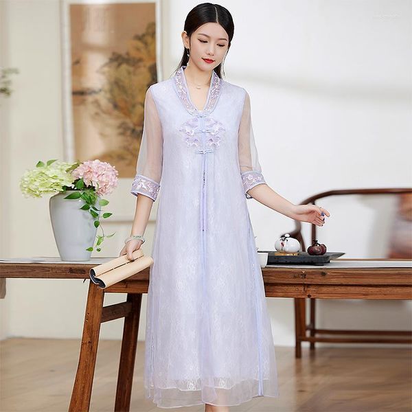 Ethnic Clothing Summer High-End Cheongsam Retro Embroidery Big Flower Single-Breasted Chinese Fringed Organza Lady Long Dress S-XXL