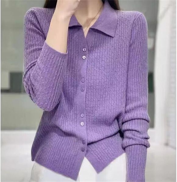 Women&#039;s Knits Limiguyue Women Twist Knit Cardigan Solid Polo Collar Wool Cashmere Sweater Spring Autumn Outwear Knitwear Long Sleeve E052