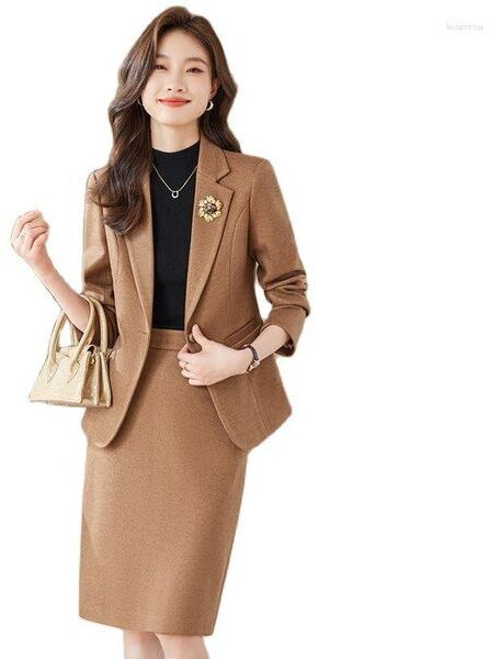 Two Piece Dress Advanced Formal Blazer Skirt Sets Autumn Grey Slim Fit One Buttom Female 2 Set Business Women Office Ladies Work Jacket