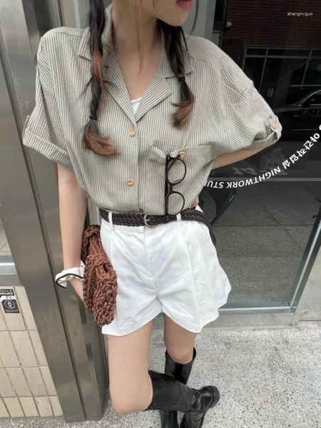 Women&#039;s Blouses Summer Vintage Striped Shirts With Pocket Lapel Collar Single Breasted Blouse Simple Short Sleeve Tops 2023 Korea