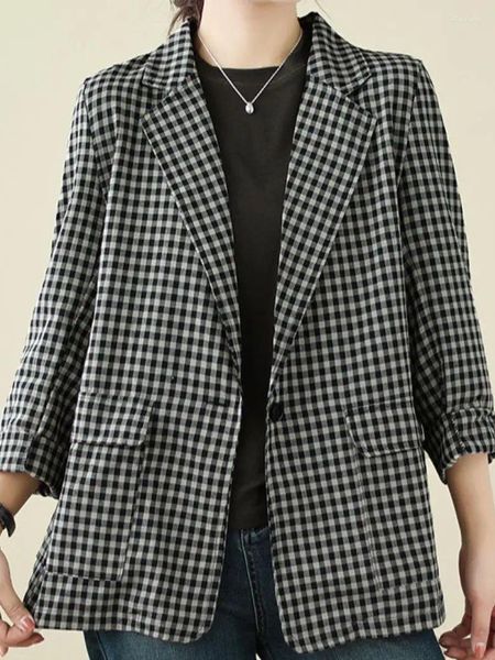 Women&#039;s Jackets Woman Autumn Cotton And Linen Plaid Coat Versatile Casual Long-sleeved Fashion Turn-down Collar Single Breasted Jacket Trend