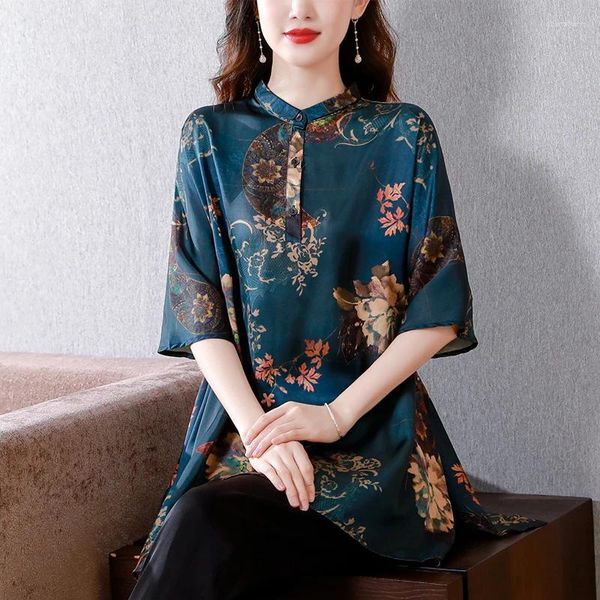 Women&#039;s Blouses Middle-aged Luxurious Fashionable Silk Flower Print Loose Casual Summer Female Tops High-end Slim-fit Shirt T63