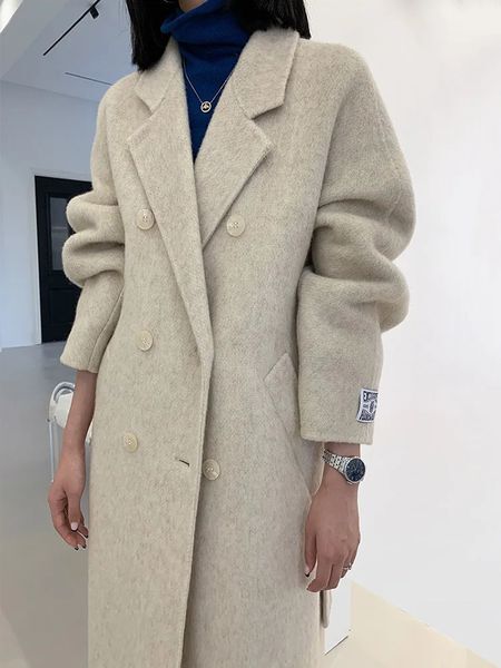 Women&#039;s Wool Blends High-end Women Wool Herringbone Loose Double-sided Wool Coat Temperament Handmade Natural Wool Fashion Jacket Autumn Winter 231025