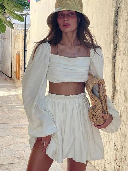 Work Dresses Women Sexy Beige Linen Two Piece Outfits 2023 Summer Female Fashion Puff Sleeve Crop Shirts With High Wasit Mini Skirt Sets