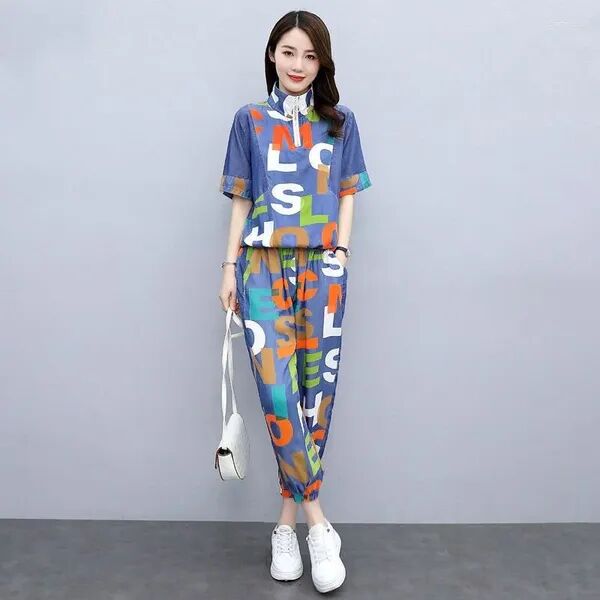 Women&#039;s Two Piece Pants Casual Sports Suit 2023 Spring Summer Clothes Mercerized Denim Loose Printing Short Sleeves Tops Set