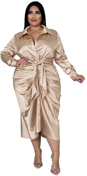 Autumn Women Plus Size Dresses Satin Long Sleeve Button Down Shirts Dress Ruched Midi Dresses