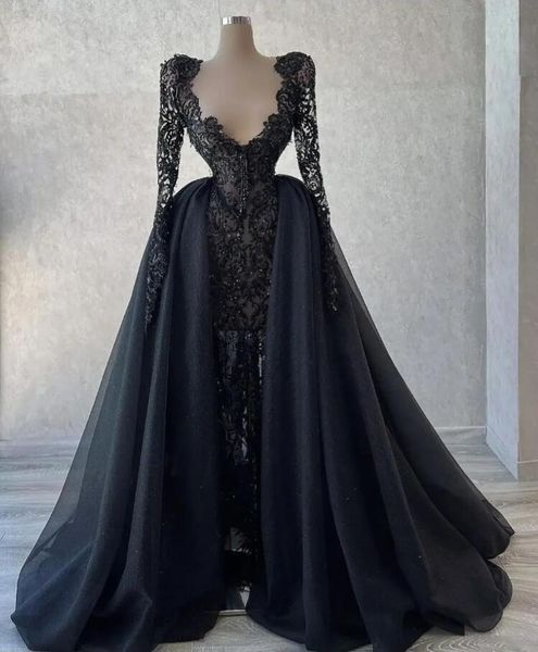 Black Mermaid Prom Formal Dresses with Detachable Train 2023 Long Sleeve Gillter Lace Sequins Beaded Aso Ebi Evening Gown