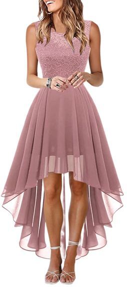 Women Party Dresses Sleeveless Floral Lace Hi-Lo Bridesmaid Dress Crew Neck Cocktail Formal Swing Dress