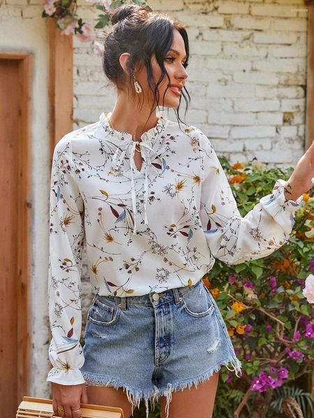 Women&#039;s Blouses Long Sleeve Spring Summer Blouse Floral Printed Women Elegant Shirt And Tops 2022 Chic Lace Up Female Casual White