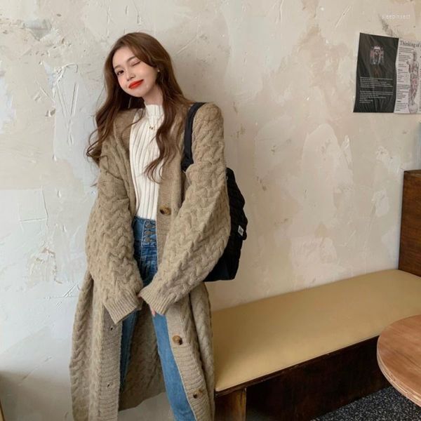 Women&#039;s Knits Female Vintage Knitted Cardigan Long Autumn Winter Clothes Korean Fashion Elegant Oversized Sweater Coat Women&#39;s Solid