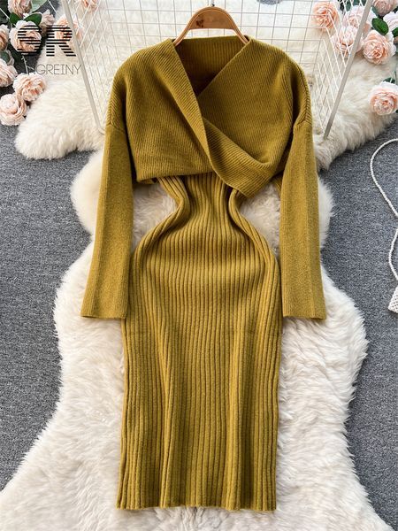 Two Piece Dress Casual Dresses SINGREINY Irregular Sweater Two Piece Sets Knit Women V Neck Long Sleeve Short Tops Elegant Solid Winter Warm 221121