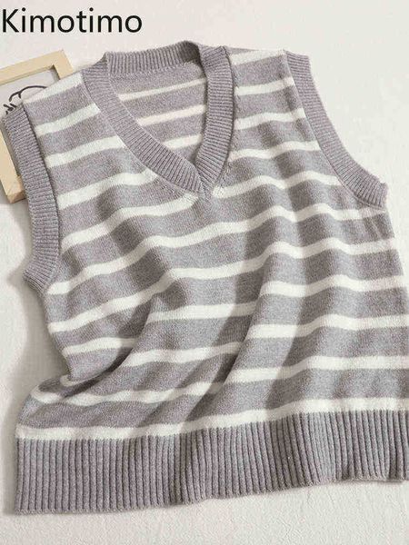 Women&#039;s Sweaters Kimotimo Retro Striped Knitted Vest Women Autumn New Sleeveless Outfit Sweater Korean Chic College Style V Neck Sweater J220915