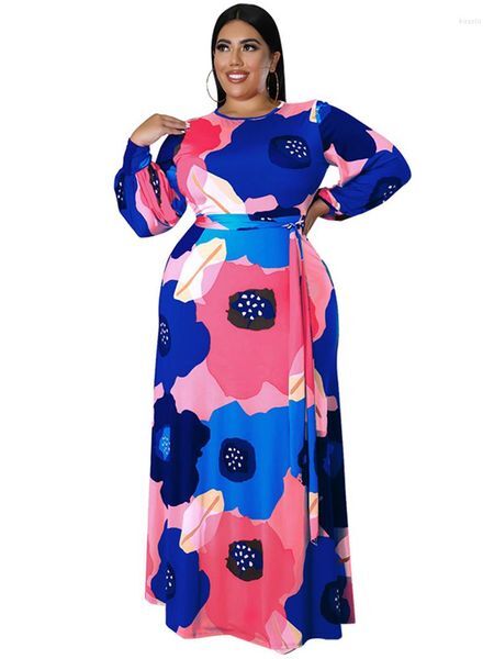 Plus Size Dresses 5XL Women O Neck Full Sleeve Robe Autumn Floral Print Elegant Streetwear Oversize Long Maxi Dress Vestidos