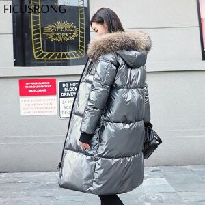 FICUSRONG Causal Glossy Silver Down Jackets Winter Women&#039;s Long Fur Collar Hooded Coat Parkas Thick Winter Jacket Women Outwear T200814