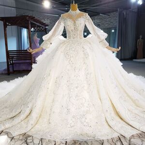 Lace Embroidery Crystals Luxurious Ball Gown Wedding Dresses Long Sleeves High Neck Puffy Princess Church Bridal Gowns Saudi Arabia Dubai Vestidos De Novia s