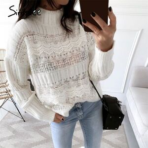Simplee knitted hollow out sweater women Drop-shoulder sleeve pullover Loose high-necked white sweater autumn winter 2020 LJ201017
