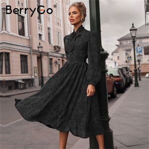 BerryGo Polka dot black elegant dress women Lantern sleeve tie neck long dresses spring A-line office ladies party dress vestido LJ200820