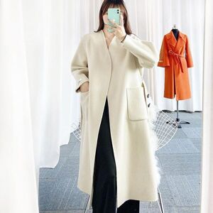 Women&#039;s Wool & Blends Autumn Winter Women Solid Color Overcoat Luxury Elegant Loose Belt Medium Long Jacket Fashion Office Lady V-neck Coat