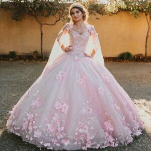 Princess Pink Flowers Quinceanera Dresses With Cap Off Shoulder Corset Ball Gown Long Tulle Prom Party Gowns Chic Floral Cinderella Sweet 16 Dress Vestidos De 15 Anos